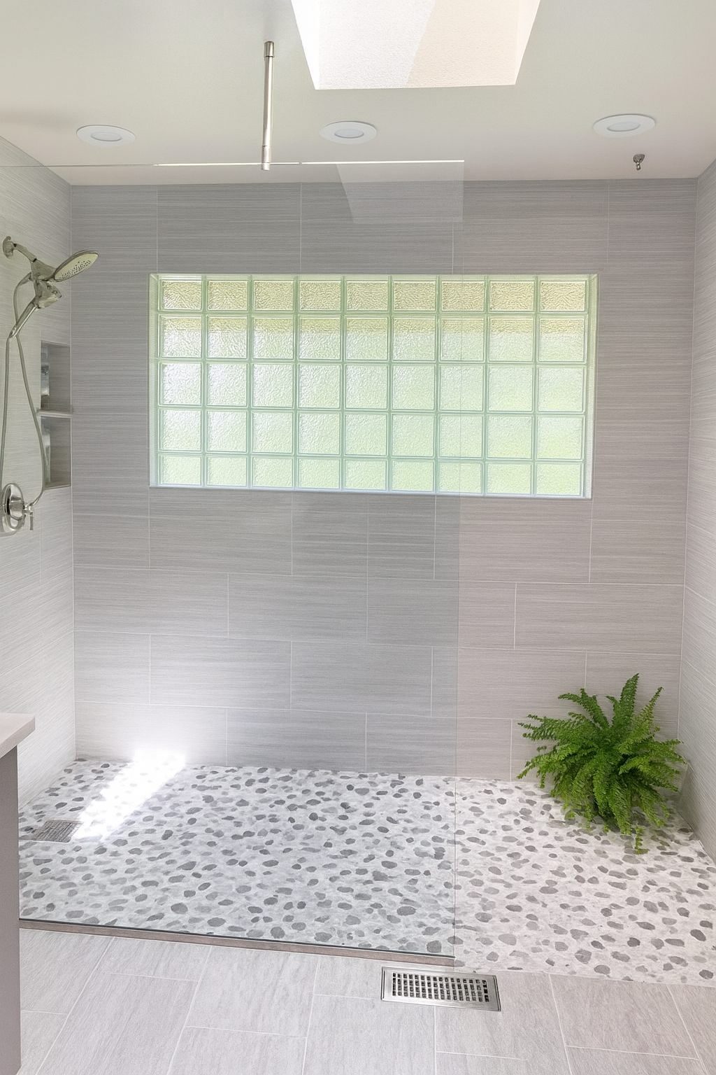 Bright modern walk-in shower with a wide clear glass block window and pebble floor