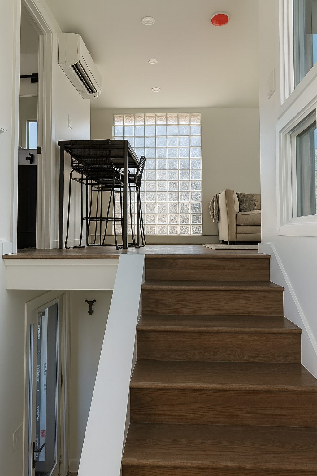 A tall glass block window brightening a modern staircase landing with warm wood treads